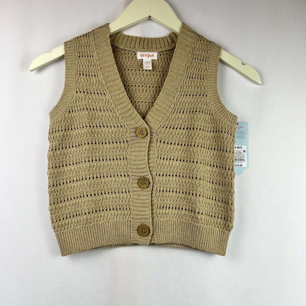 Cat & Jack Kids Tan Pointelle Knit Button Front Sweater Vest Size S 6/7 New